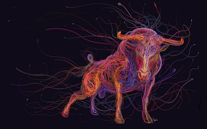 Colorful bull made of wires on a dark background