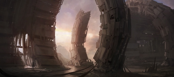 Ruined futuristic structures in a desolate landscape