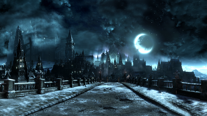 Dark Souls III: Irithyll Bridge under a Crescent Moon