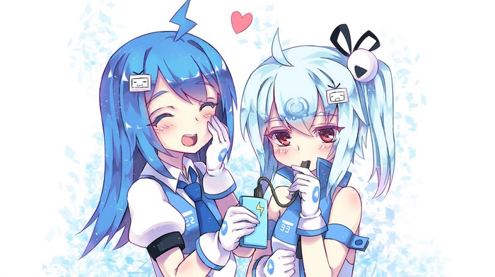 Two anime girls with blue hair and TV icons