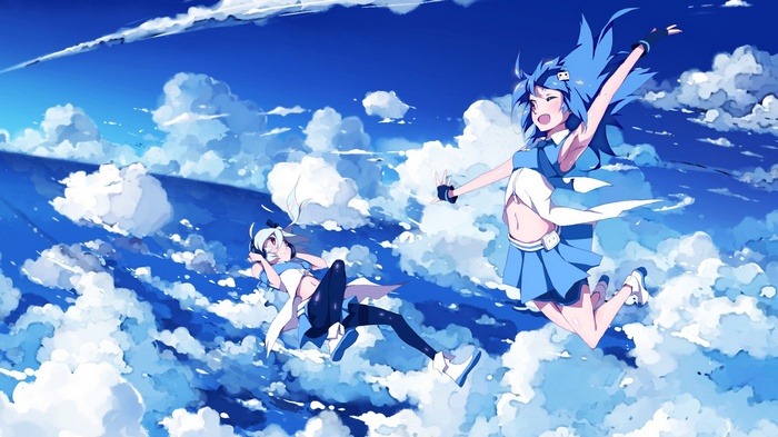 Two anime girls jumping through the clouds