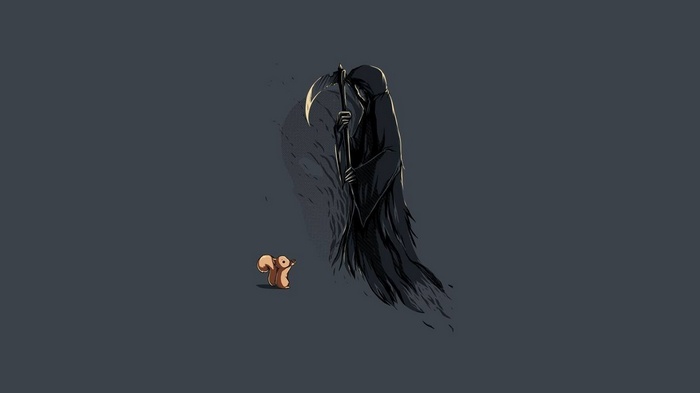 Grim Reaper and a squirrel on a dark background