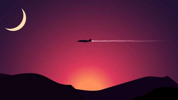 Minimalist jet plane flying at sunset with moon