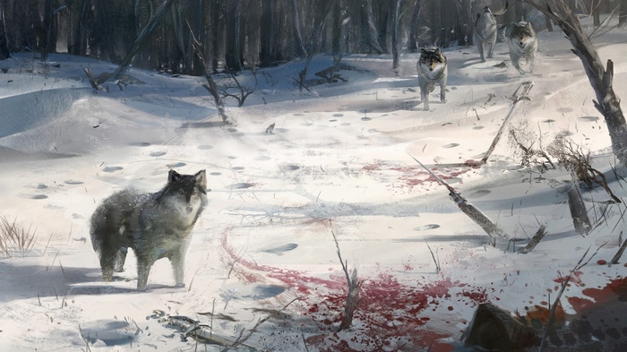 Wolves in a snowy forest with blood