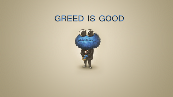 Cookie Monster in a Suit with "Greed is Good" Text