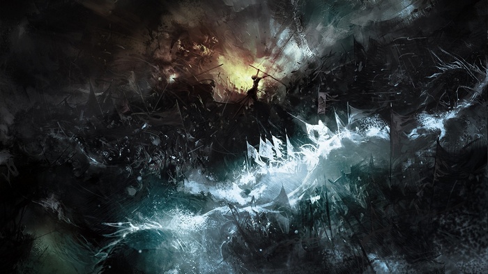 A chaotic battle scene with a lone warrior