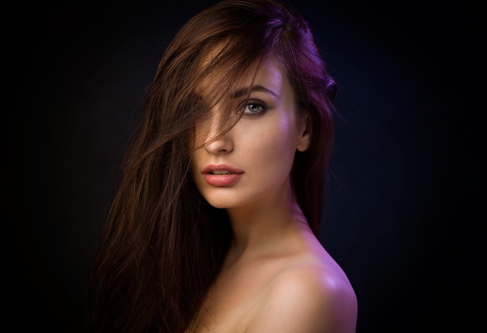 face, hair in face, looking at viewer, simple background, bare shoulders, long hair, portrait, Natalia Arantseva, smoky eyes, brunette, blue eyes, women