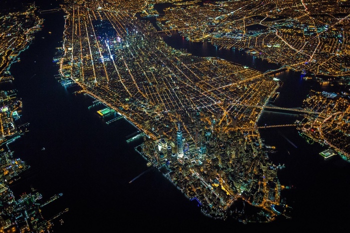 Aerial view of Manhattan, New York City at night