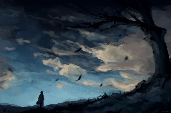 A lone figure walks under a large, dark tree with a stormy sky.