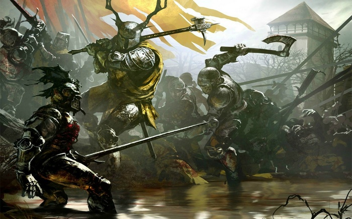 Fantasy battle with knights and axes