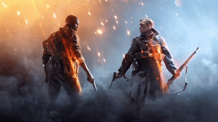 Battlefield 1 soldiers in a fiery battlefield