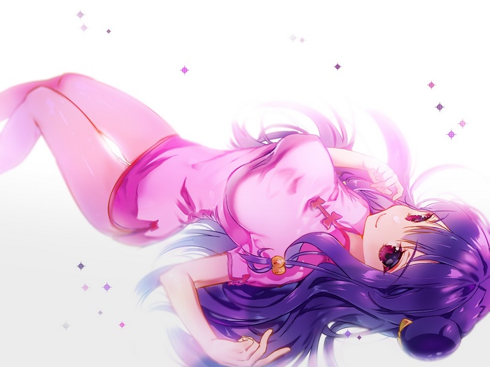Anime girl with purple hair in a pink Cheongsam