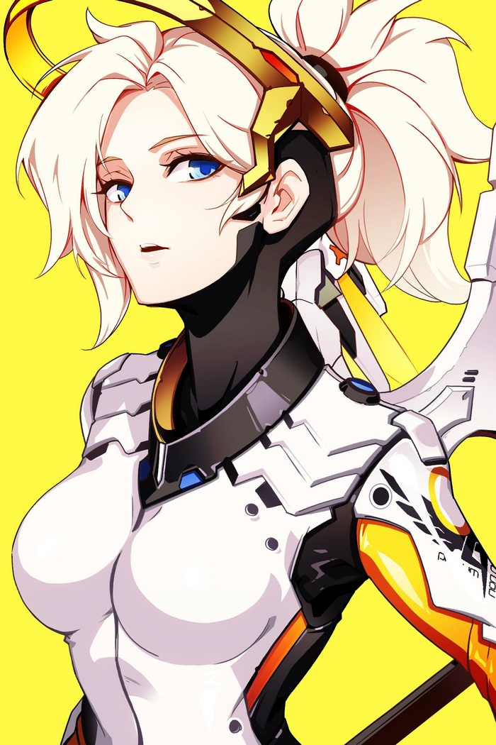 Mercy from Overwatch in a white and orange suit