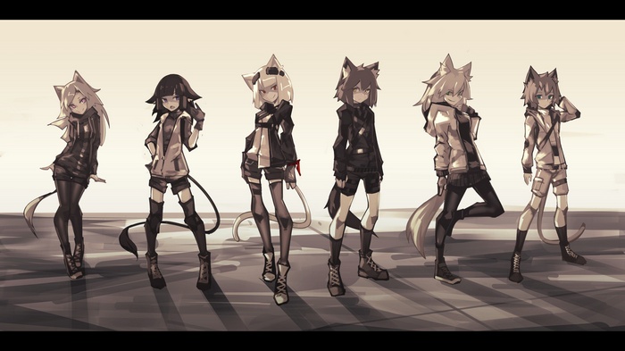 Six anime girls with animal ears and tails