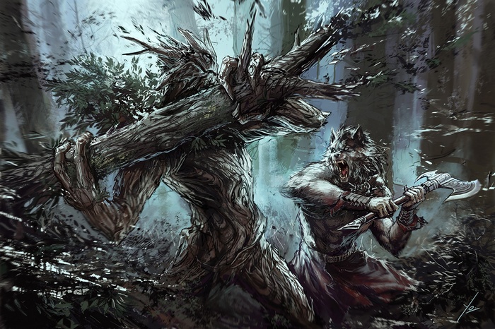 Werewolf fights a tree creature in a dark forest