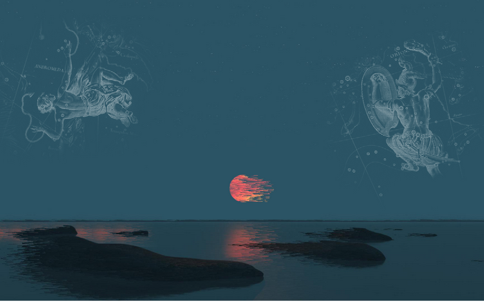 Andromeda and Orion constellations over a surreal sunset sea