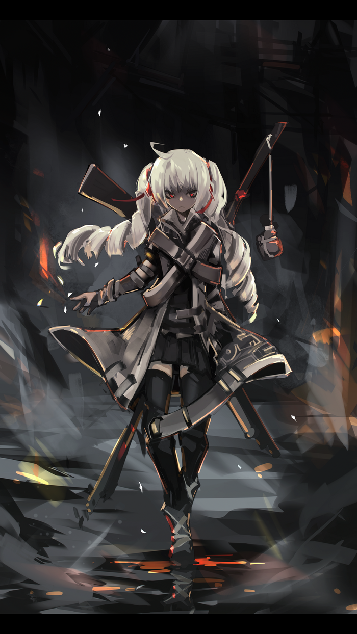 Anime girl with white hair and red eyes holding weapons