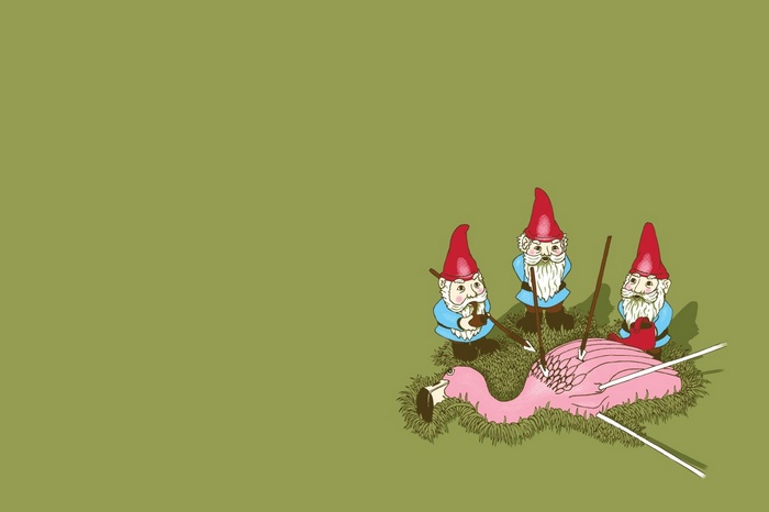 Three gnomes surround a dead flamingo