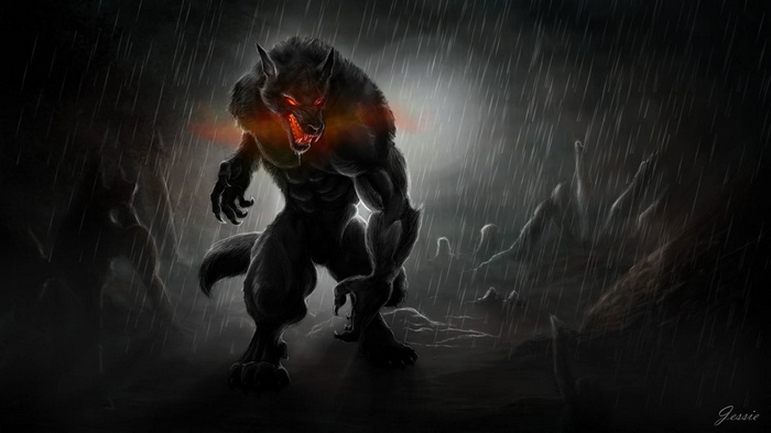 A fearsome werewolf stands in the rain