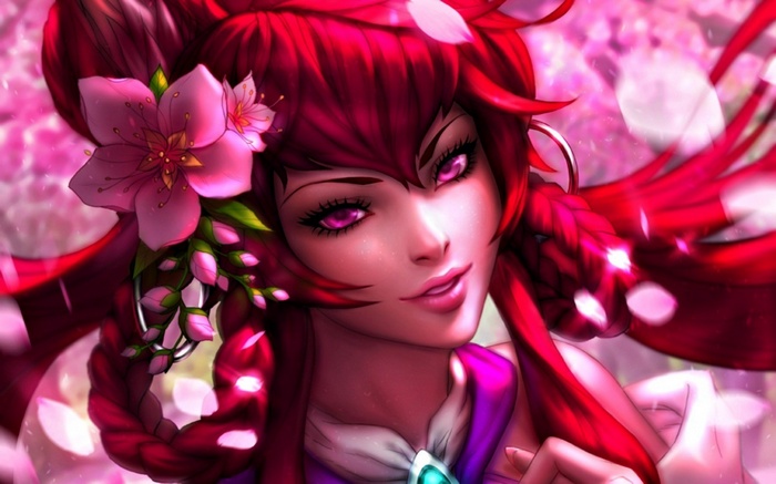 Anime artwork of a redhead woman with pink flowers
