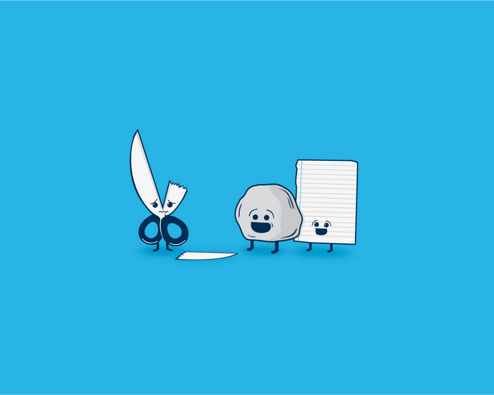Rock Paper Scissors characters on blue background
