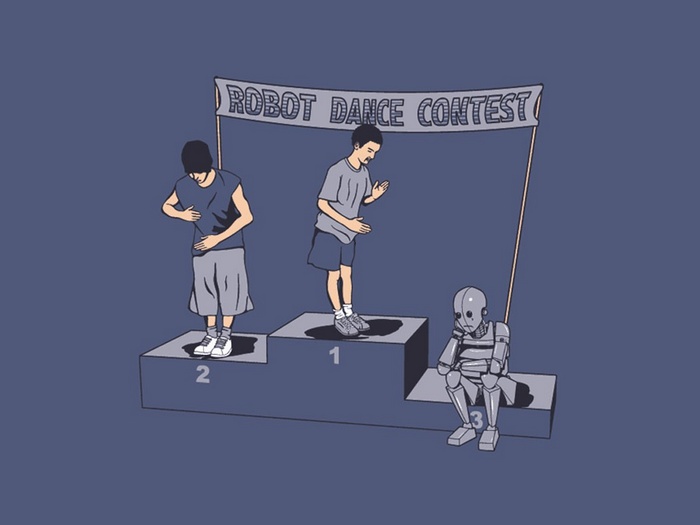 Robot Dance Contest winners and a sad robot