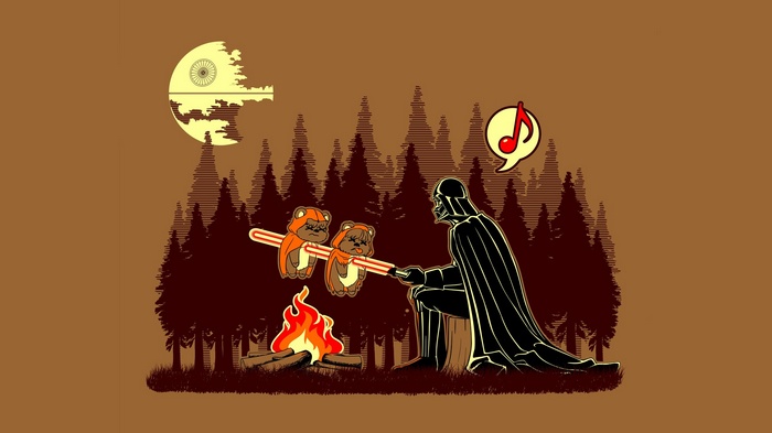 Darth Vader roasting Ewoks with a lightsaber