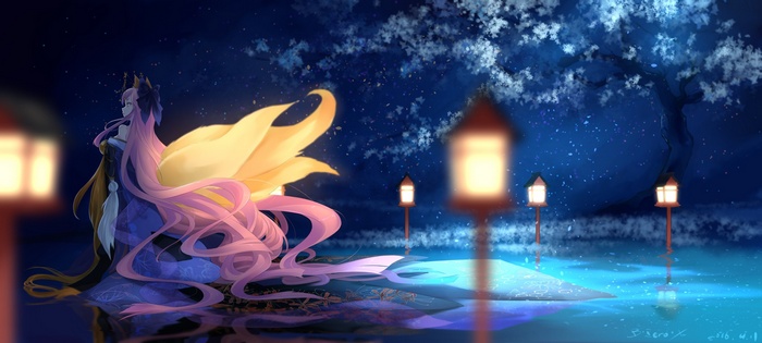 Caster from Fate Series with fox tails at night