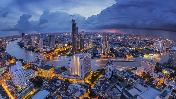 Bangkok cityscape with Chao Phraya River at dusk