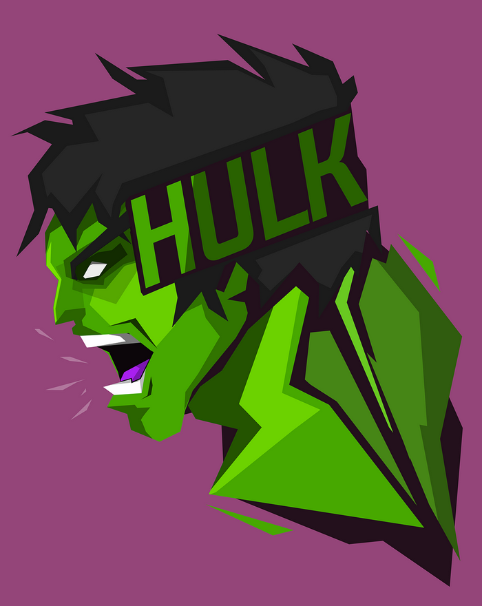 Hulk roaring with "HULK" text on his head