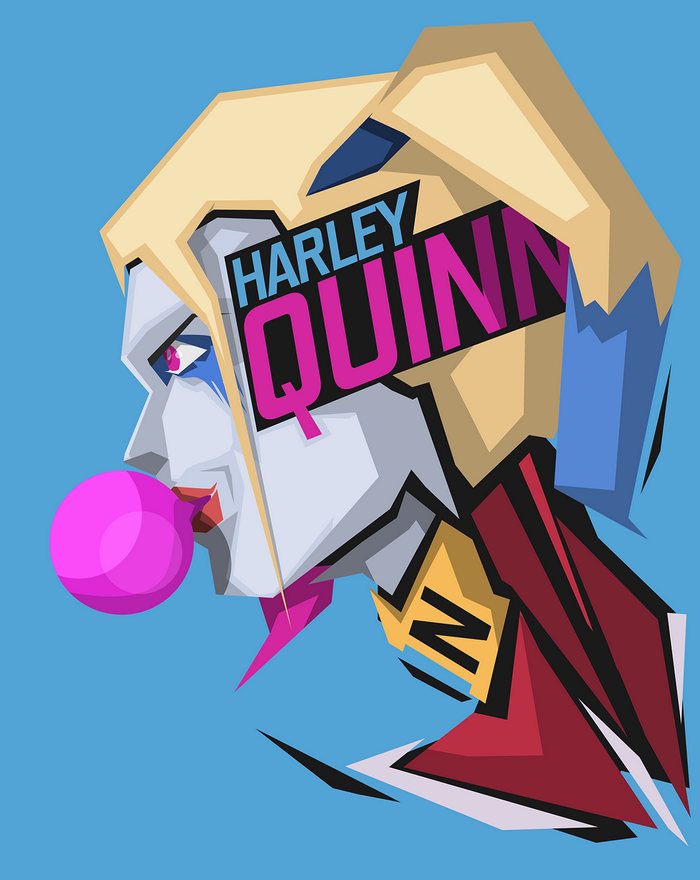 Harley Quinn blowing a pink bubble gum
