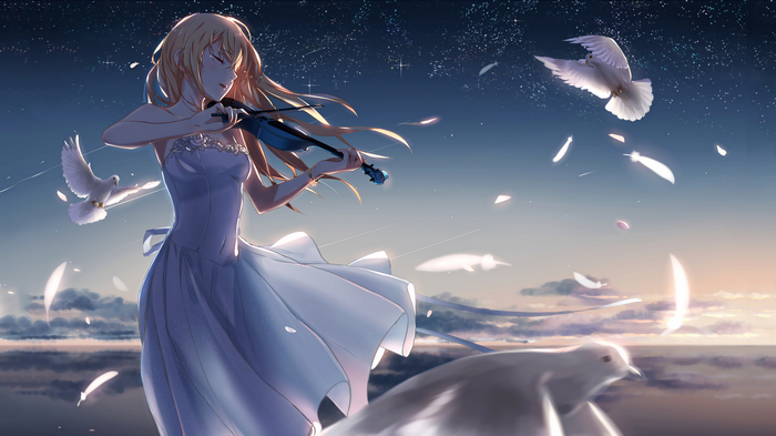 Miyazono Kaori playing violin with doves and feathers
