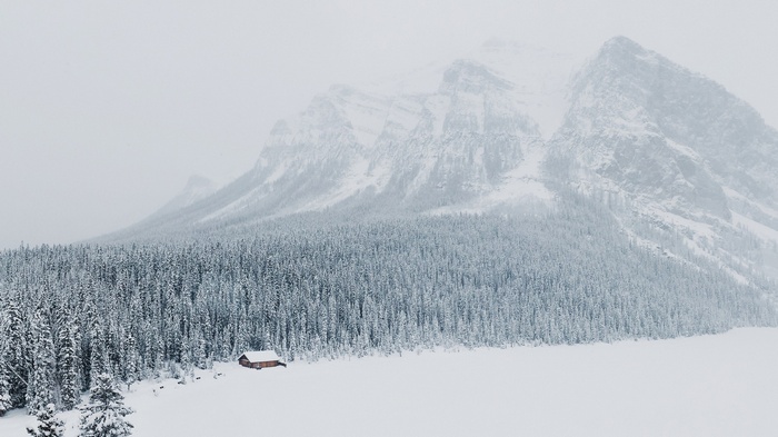 Snow-covered forest and mountains with a cabin
