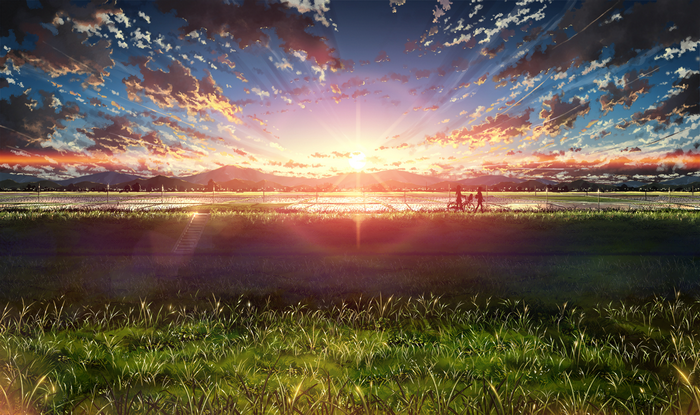 Anime landscape with sunset and clouds