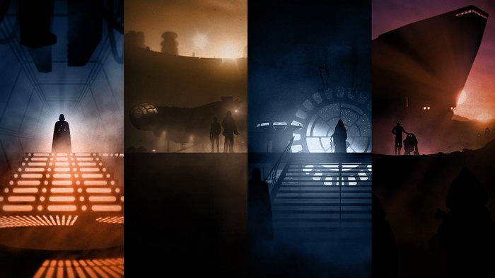 Star Wars collage featuring Darth Vader, Millennium Falcon, and R2-D2