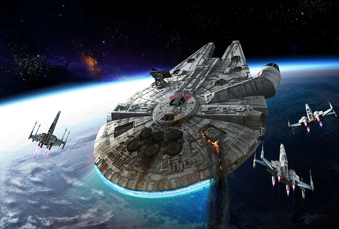 Millennium Falcon and X-wing fighters in space