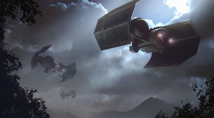 Star Wars TIE Bombers flying through cloudy skies