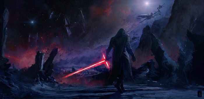 Kylo Ren with crossguard lightsaber in Star Wars battle