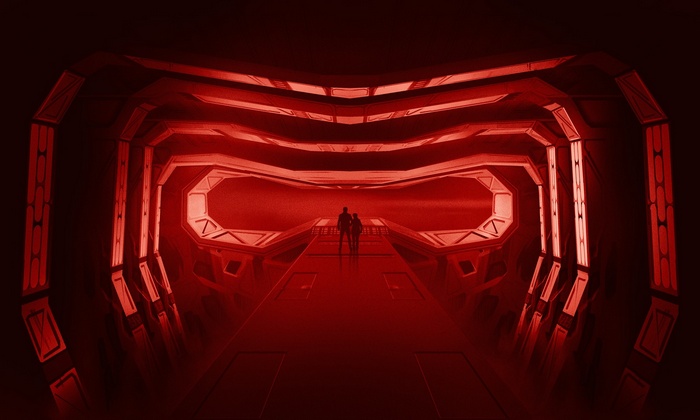 Star Wars: Kylo Ren and Rey in a red corridor