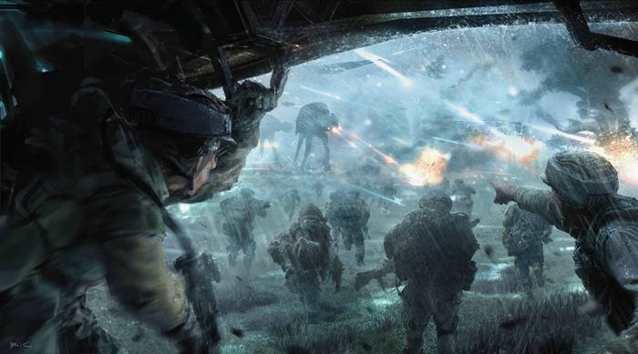 Soldiers in battle against alien walkers
