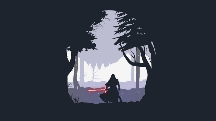 Kylo Ren with red lightsaber in a forest