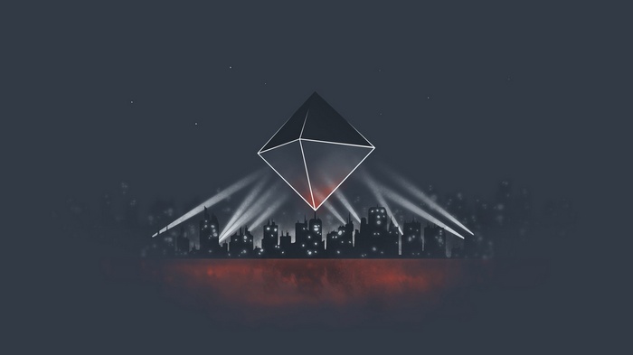 Ramiel hovering over a futuristic city at night