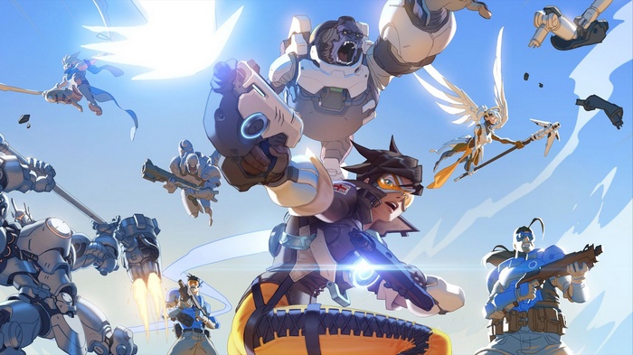 Overwatch characters in action against a blue sky
