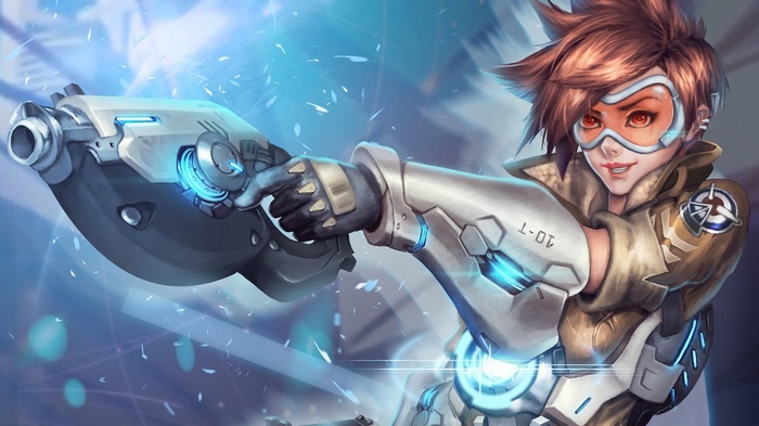 Tracer from Overwatch holding her pulse pistols
