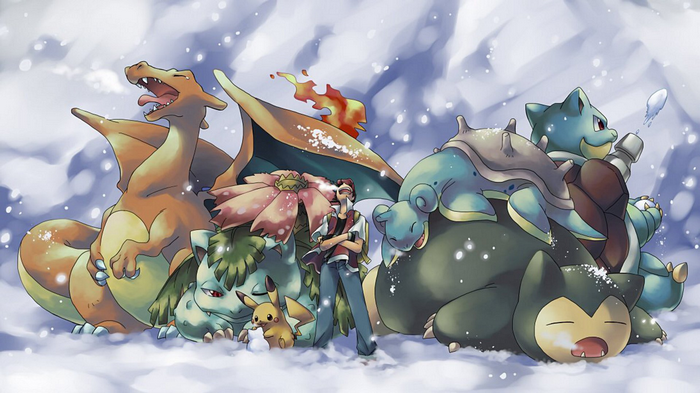 Red and his Pokémon in the snow