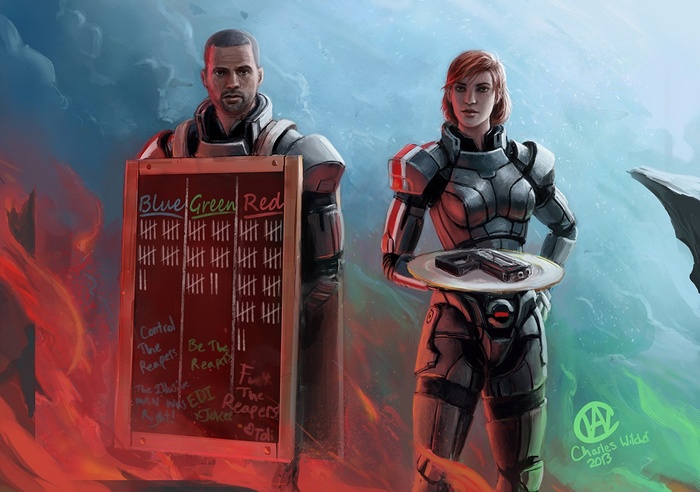 Mass Effect Characters with Tally Board and Gun