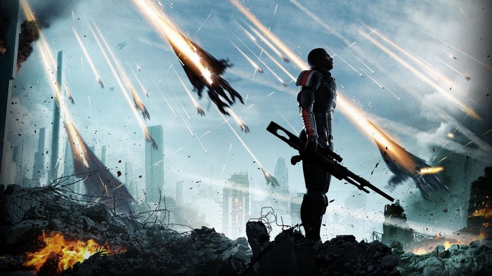 Commander Shepard in Mass Effect during an attack