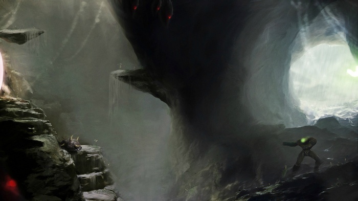 Samus Aran in a dark cave with glowing elements
