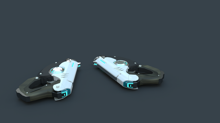 Two futuristic pistols on a dark background