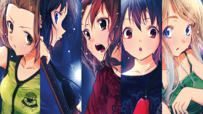 K-ON! girls in a vertical split image